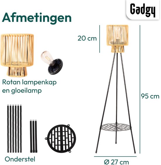 Lampadaire de jardin Gadgy Solar pour terrasse - Lampe d'extérieur à énergie solaire pour balcon et jardin - Lampe de jardin LED à trépied avec port USB - Lanterne d'extérieur - Rotin marron