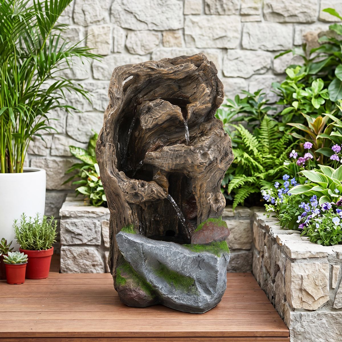 Fontaine de jardin Coast à 4 niveaux - Éclairage LED - Résistante aux intempéries - Marron, 26 x 28 x 53 cm