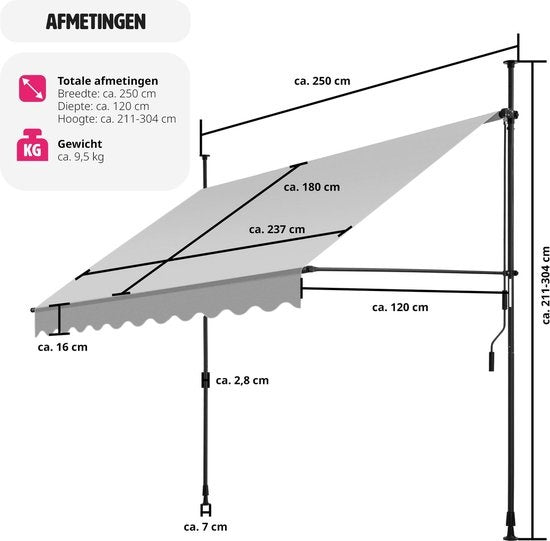 Tectake - Pare-soleil à pinces - 250 x 180 cm - équipé de polyester résistant aux UV, d'une manivelle et de barres télescopiques - pour balcon et terrasse - acier thermolaqué gris clair