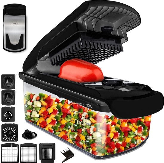 Toivo Kitchen Vegetable slicer - Multifunctional - Black - 11 in 1 Kitchen mandolin - Manual - Kitchen slicer - Onion slicer - Spiral slicer - Chips slicer - Grater