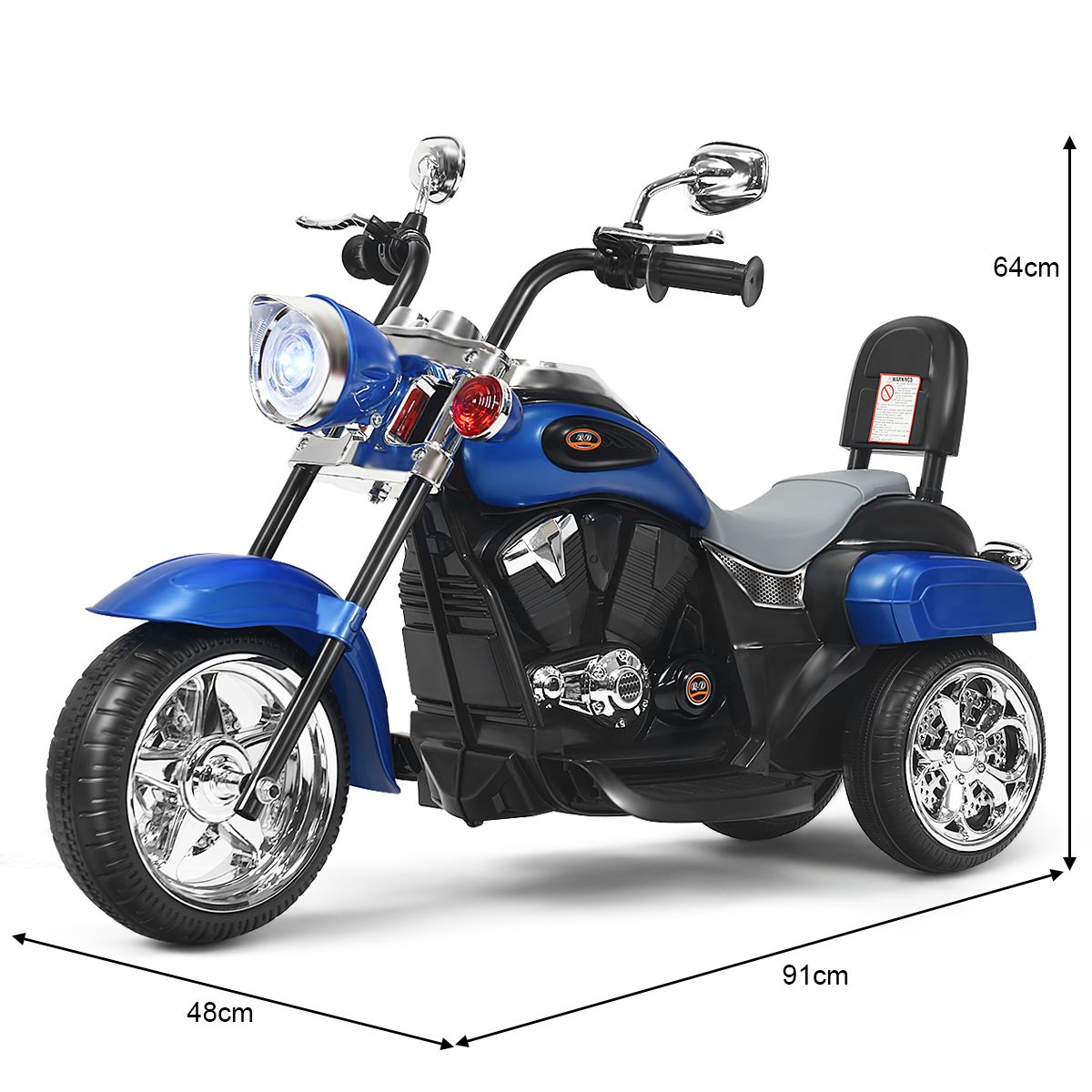 Moto électrique pour enfants Coast - Style chopper - Phare réglable - Fonction musicale - Bleu et noir - 91 x 48 x 64 cm
