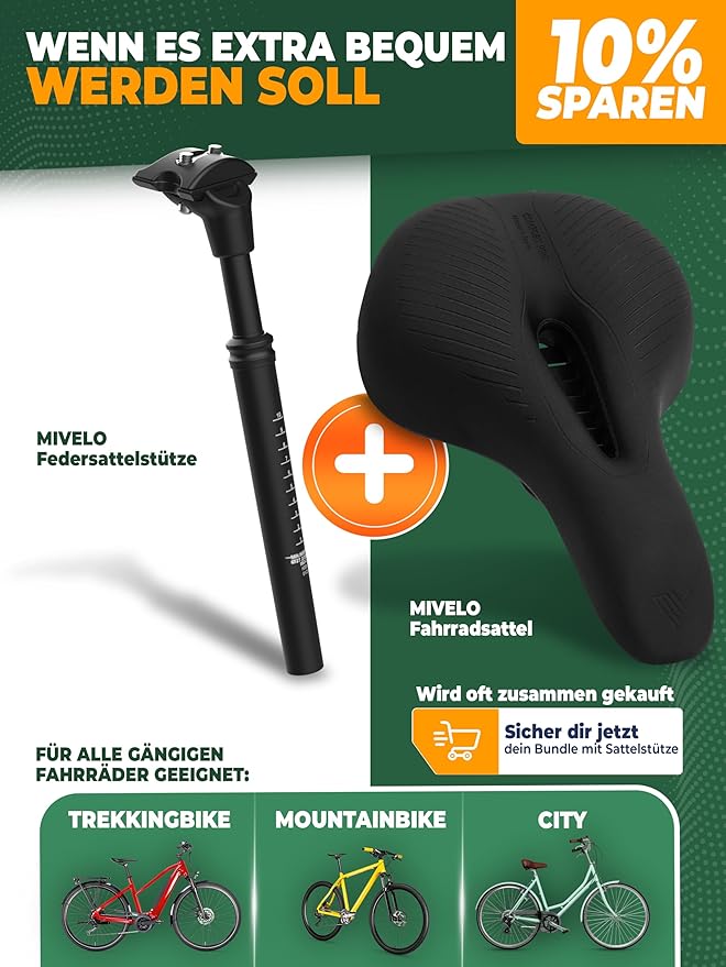 Tige de selle suspendue MIVELO – Réglable – Poids max. 120 kg – Ø 30,9 mm – Noir