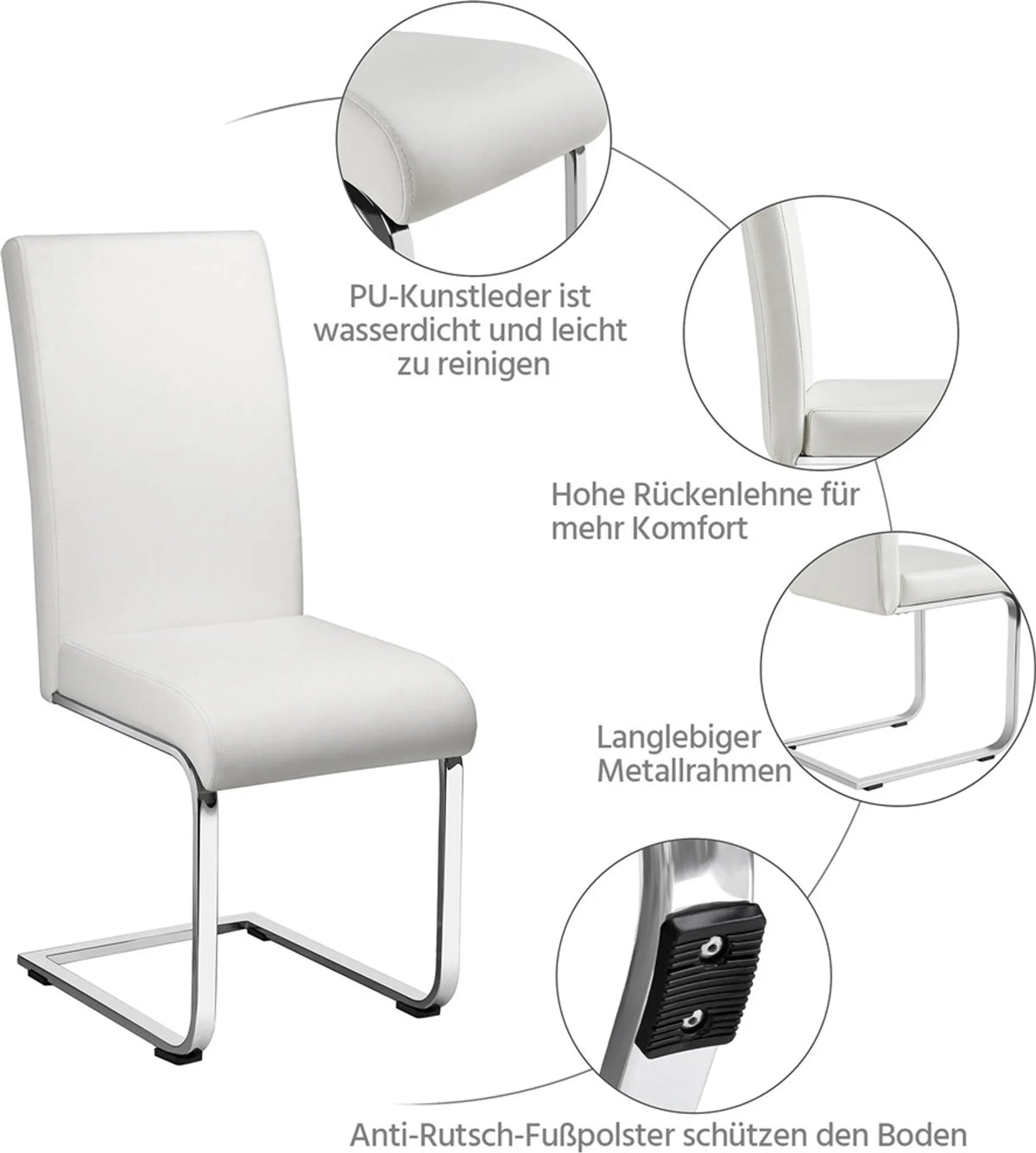 Yaheetech Lot de 2 chaises de salle à manger à pied en porte-à-faux – Simili cuir blanc avec structure métallique – Capacité de charge de 135 kg