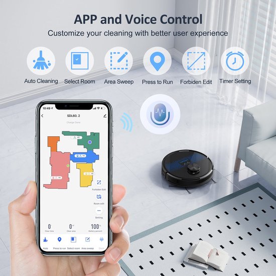 Robot aspirateur Lubluelu SL60D avec LiDAR LDS9.0 – Puissance d'aspiration de 4 000 Pa – Aspirateur et laveur 2-en-1 – Application et commande vocale