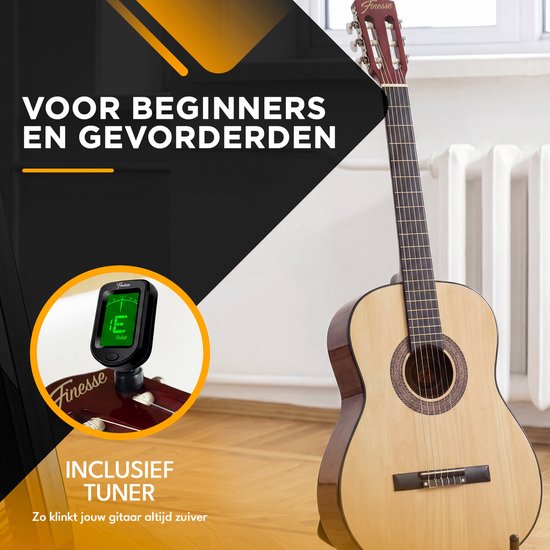 Guitare acoustique Finesse - avec cours vidéo - Cordes en nylon - Guitare classique - Guitare espagnole - Enfants - Adultes - Naturel