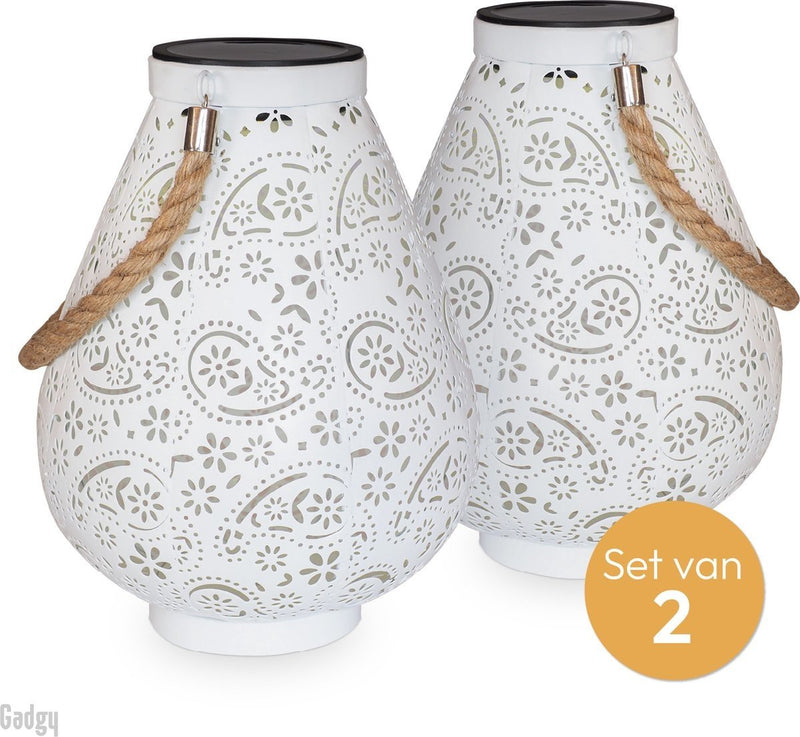Gadgy Solar Lantaarn Mat Wit - Tafellamp set van 2 - Solar Tuinverlichting op Zonneenergie - Led Buitenverlichting met Dag/Nacht Sensor - Hanglamp - Tuinlantaarn - Metaal - 23 x Ø17.5CM