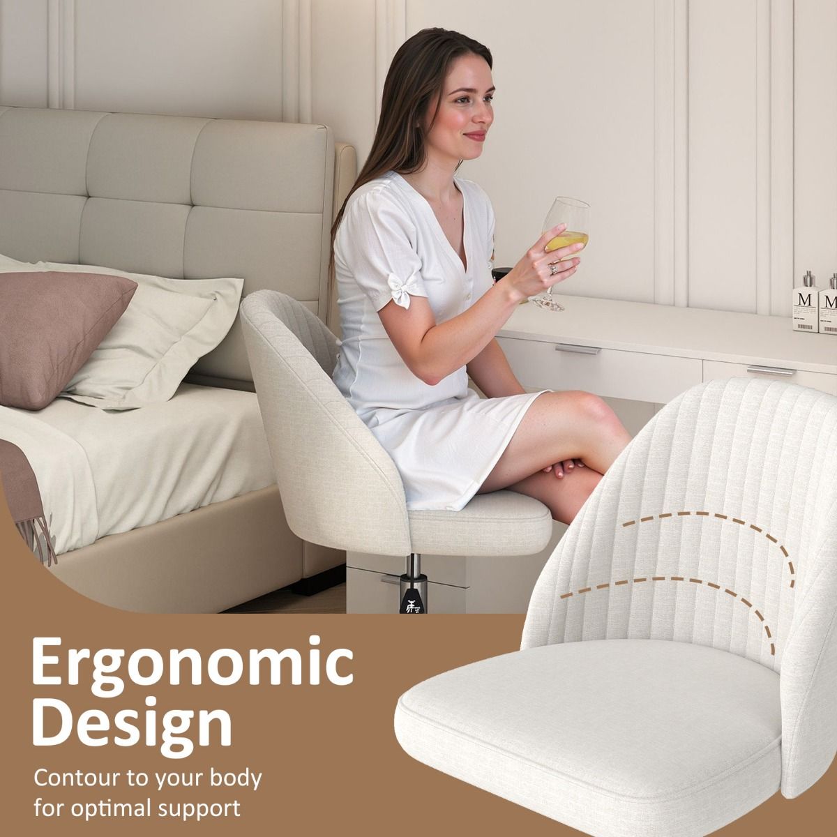 Chaise de bureau Coast sans accoudoirs - dossier incurvé - assise rembourrée - beige