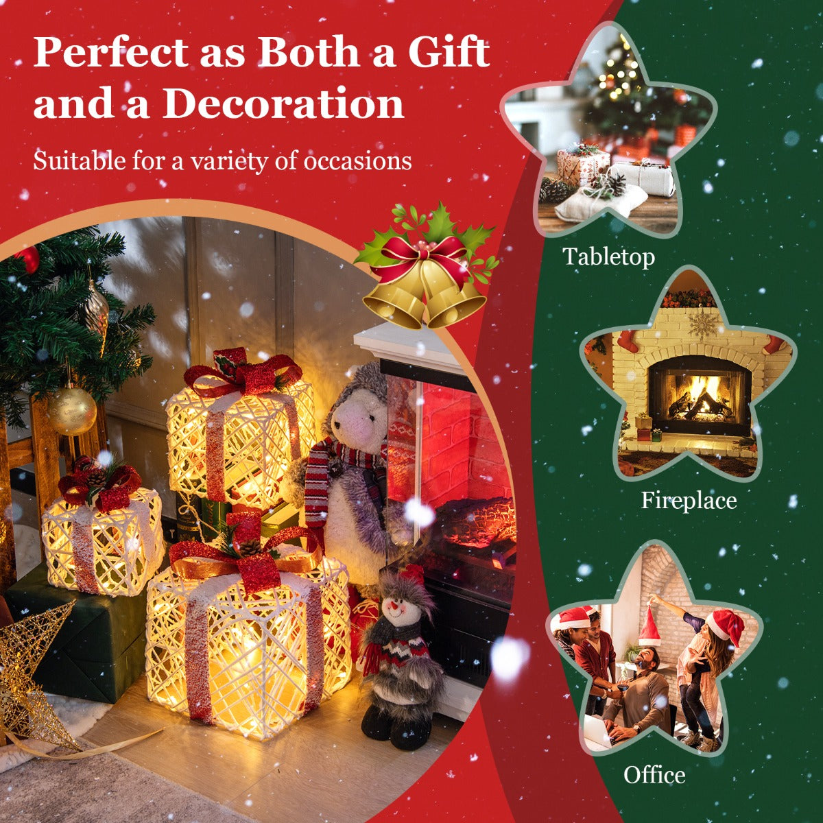 Lot de 3 boîtes cadeaux à piles LED avec nœuds rouges 60 lumières LED