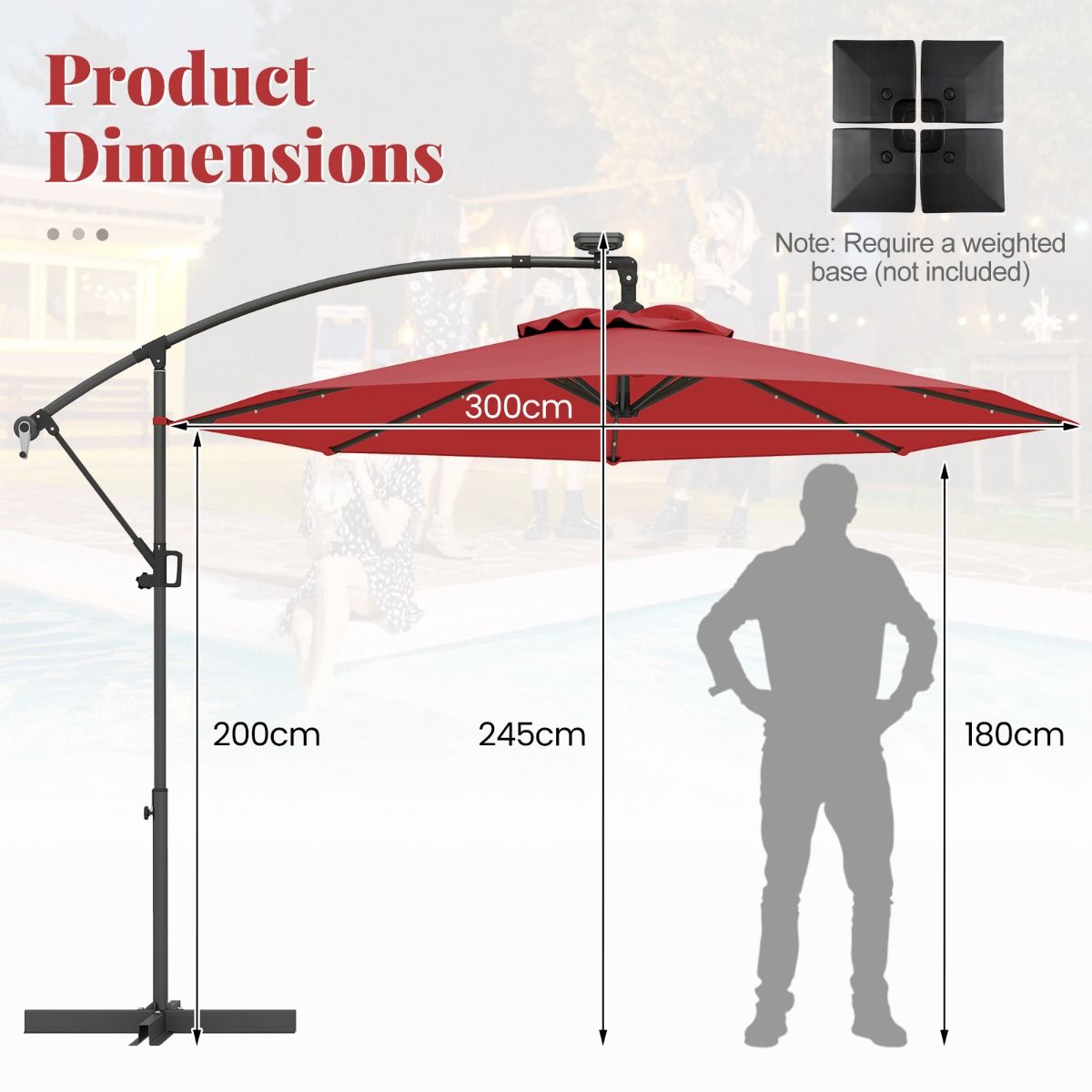 Parasol sur pied Coast - 32 LED - orientable et inclinable - rouge - 300 cm