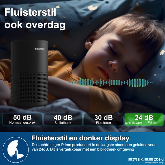 Erikssøn Air Purifier Prime - 70 m3/h - Contre les acariens, le rhume des foins, les allergies, la poussière - Avec filtre HEPA 13 + filtre à charbon - Purificateur d'air - Clean Air