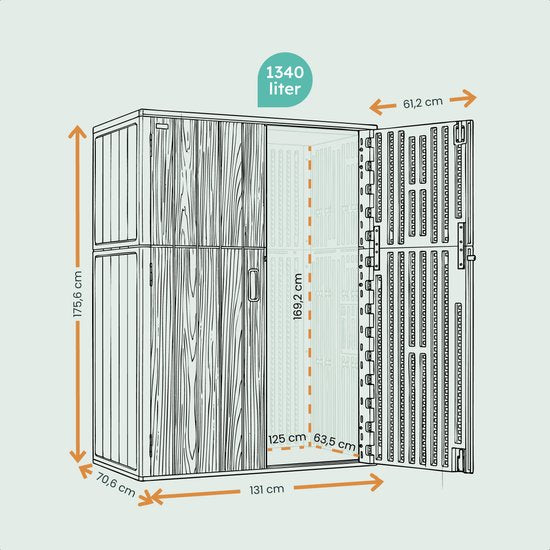 LifeGoods Garden Cabinet Vertical - 1340L - Armoire de rangement - Résistant à l'eau et aux UV - Coffre de jardin - Taupe