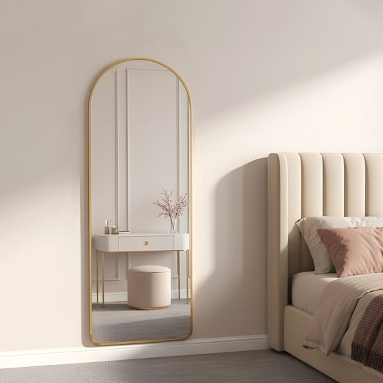 Miroir Fraay 160 x 55 cm - À poser ou à accrocher - Verre trempé - Miroir mural minimaliste - Miroir sur pied - Doré