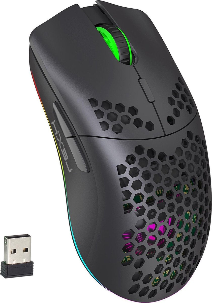 HXSJ T66 Souris de jeu sans fil 2.4G - Ultra légère - Eclairage RGB - Noir
