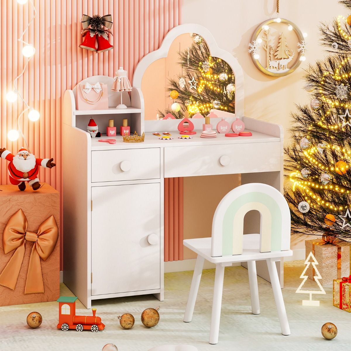 Ensemble de coiffeuse pour enfants Coast - miroir en forme de nuage - coiffeuse 2-en-1 avec tabouret - blanc