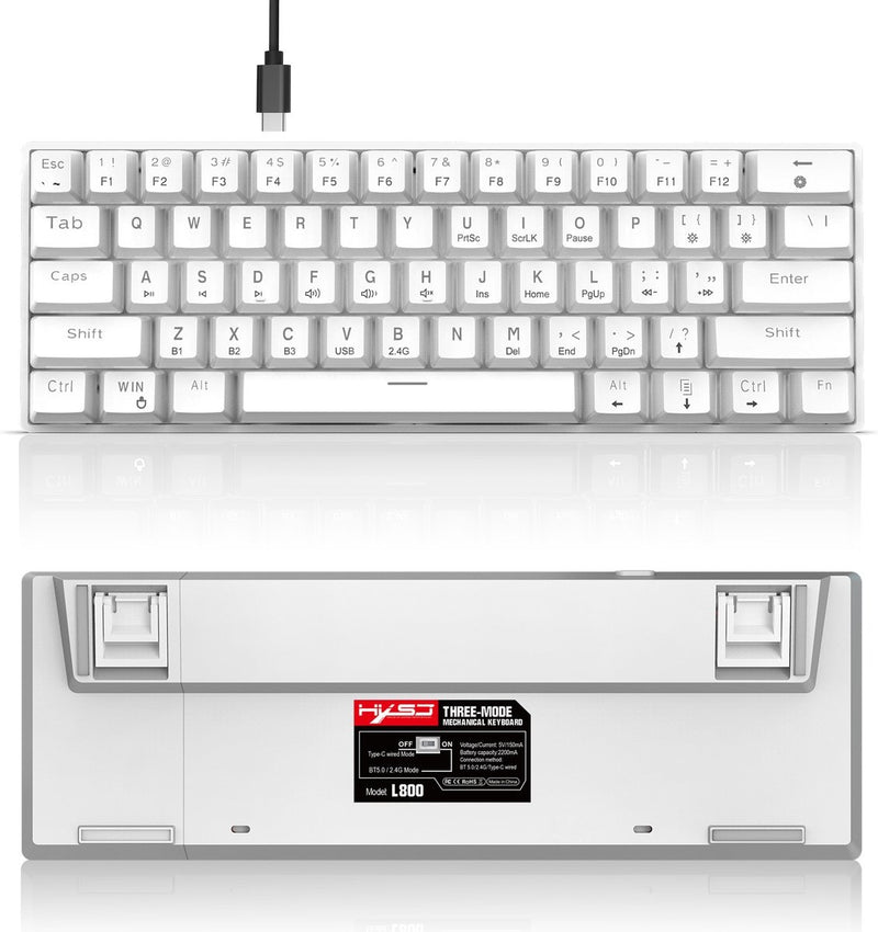 HXSJ L800 Wireless Mechanical TKL Gaming Keyboard - RGB - filaire / 2.4GHz RF / Bluetooth - QWERTY - 61 touches - commutateur bleu - blanc