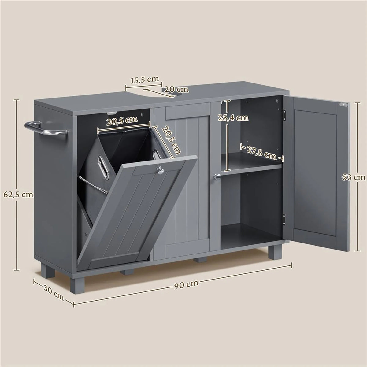 Meuble sous-lavabo Yaheetech avec découpe en U et panier à linge 90 x 30 x 62,5 cm – Gris foncé – MDF et métal