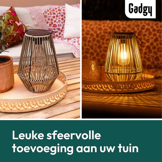Gadgy Lampe solaire de jardin en rotin beige - Lampe solaire de jardin - Lampe solaire de table avec connexion USB - Lampe d'extérieur - Statue de jardin - Lanterne de jardin avec capteur jour/nuit - Eclairage pour l'extérieur - Lanterne de jardin