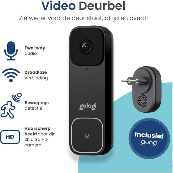 Gologi Video Doorbell - Sonnette intelligente avec caméra et WiFi - Qualité vidéo HD - Sans fil sur batterie - Support mural et carillon inclus - Vision nocturne - Résistant à l'eau - Noir