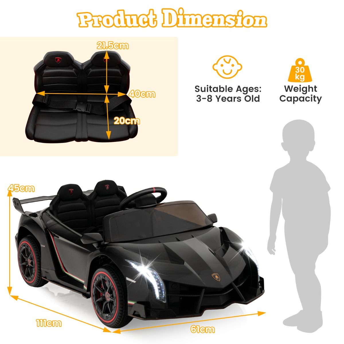 Voiture électrique pour enfants Coast Lamborghini - Batterie 12 V - Télécommande et 3 vitesses - blanche