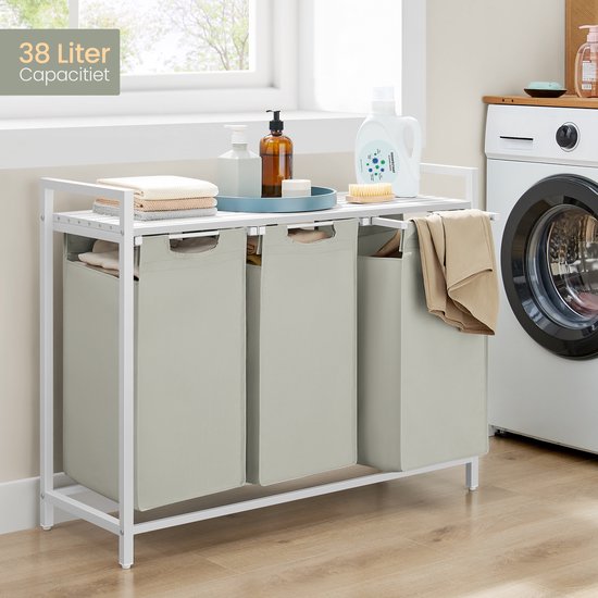 O'DADDY® Laundry Basket 3 Boxes - Trieur de linge extensible avec étagère - 114 Liter - 92,5 x 33 x 71 cm - Pieds réglables - Facile à assembler - Polyvalent et élégant en métal - Blanc