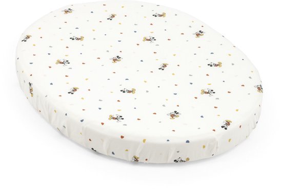 Drap-housse Stokke Sleepi Mini, Mickey Celebration - Des draps doux pour de beaux rêves - Conçu pour le matelas ovale Sleepi Mini - Sûr, élégant et lavable - 100 % coton fin percale