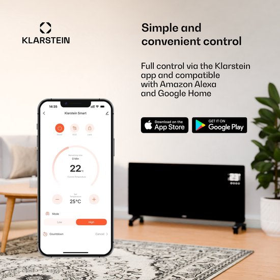 Chauffage électrique à faible consommation d'énergie Klarstein pour la maison, convecteur intelligent et autonome de 2 000 W à faible consommation d'énergie avec thermostat, design fin et portable, chauffage silencieux, chauffage à accumulation et panneau
