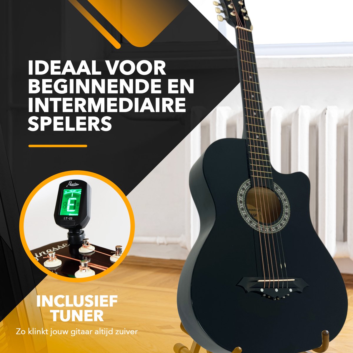 Kit de démarrage pour guitare acoustique Finesse - 38 pouces - Avec accessoires et cours vidéo - Noir