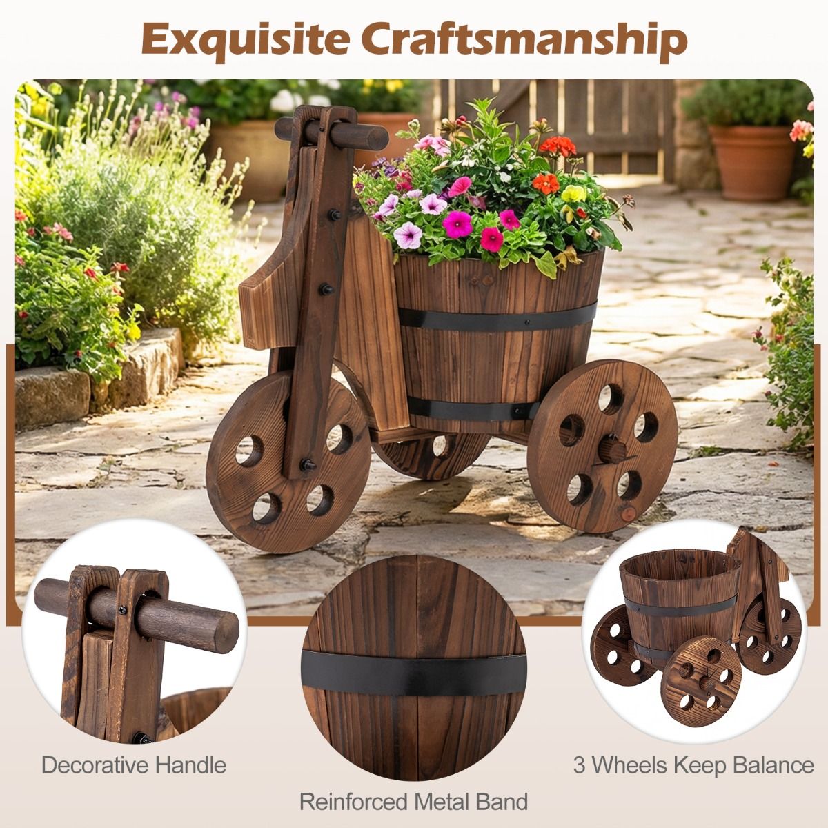 Jardinière Coast en bois à trois pieds - en forme de tonneau - avec trou de drainage - marron 47 x 32 x 43,5 cm