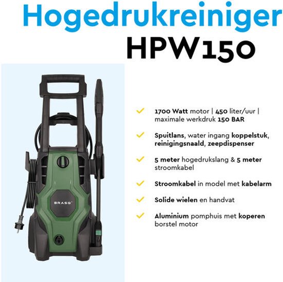 BRASQ HPW 150 nettoyeur haute pression - Nettoyeur de terrasse - Pulvérisateur haute pression - 2000W - 150 bar - 468 L/H - Kit complet