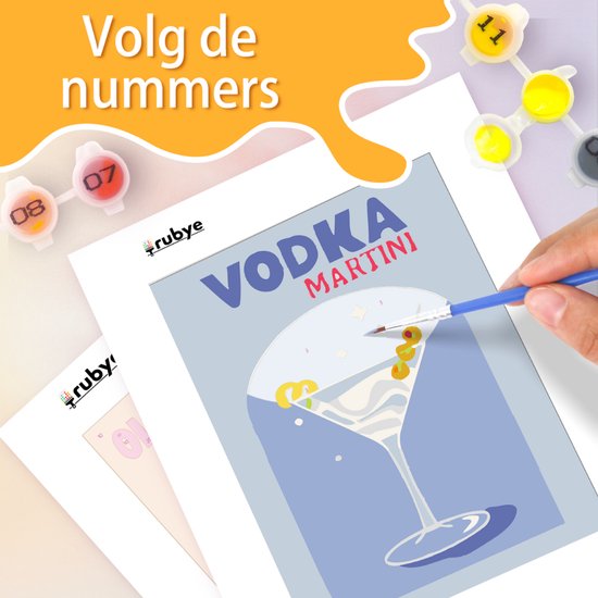 Rubye® Painting By Number Adults - Vodka Martini - Cocktails - Peinture et pinceaux inclus - Toile à peindre - Couleurs par numéro - Double Set - 15x20cm