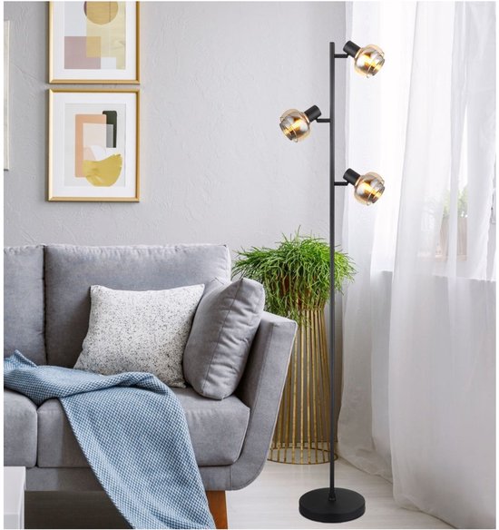 Lampadaire TOKKI Verre 154.0cm Noir mat | fumé E14 3-Light