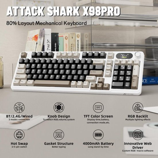 ATTACK SHARK X98 - Clavier gaming mécanique sans fil - Écran TFT - Molette multifonction - Touches en PBT - Tri-mode : filaire/2,4 GHz/Bluetooth - Modèle « Gasket » - 98 touches - Cheese White