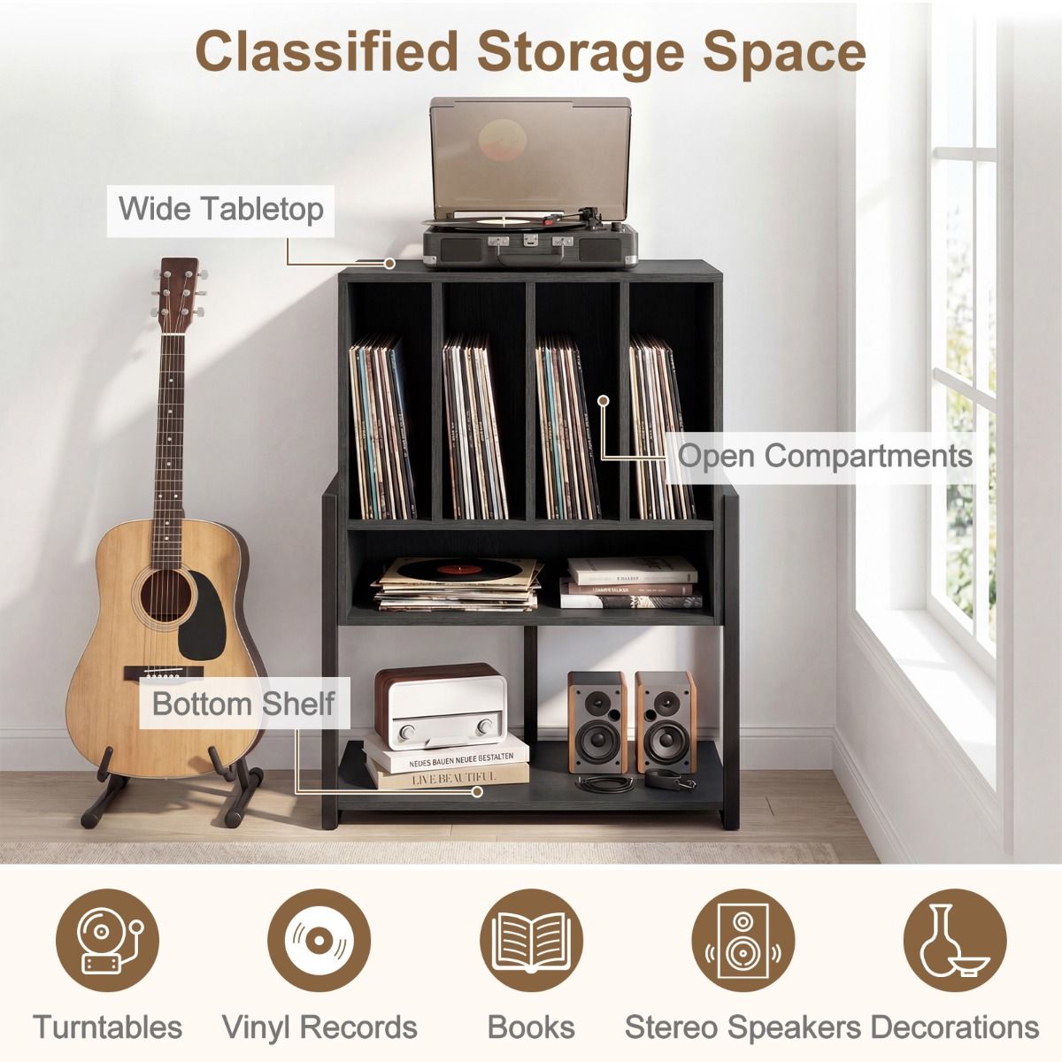Meuble pour platine vinyle Coast - meuble pour platine vinyle avec espace de rangement - roulettes ou pieds réglables - noir/marron rustique - 54 x 57 x 76,5 cm
