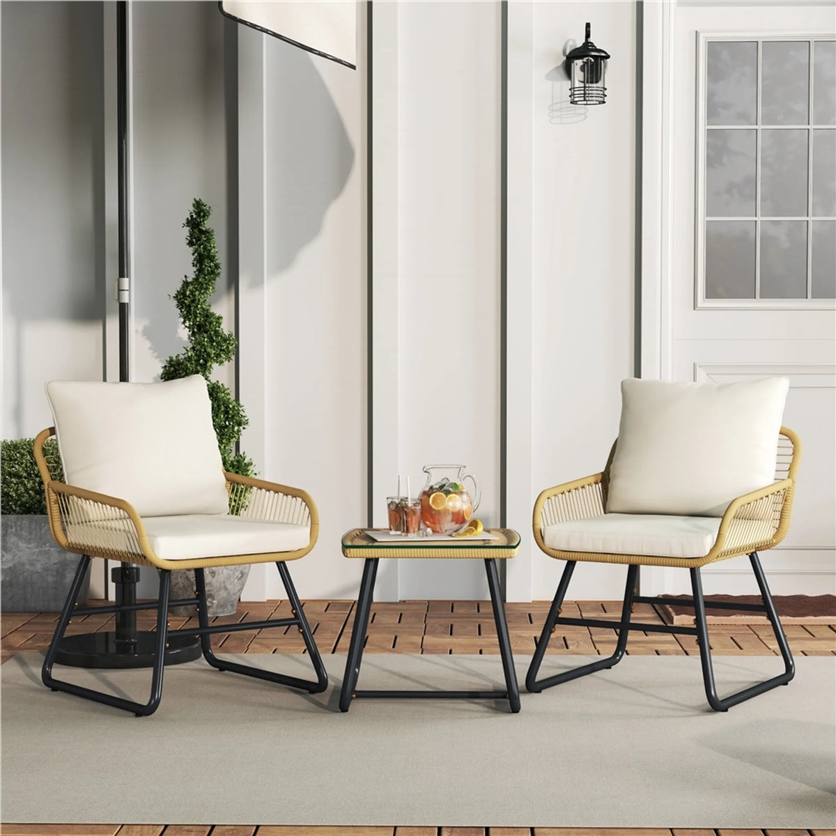 Yaheetech Bistro Garden Set 3-Piece - 61 x 65 x 76 cm - Comprend un plateau de table en verre et un siège et des coussins décoratifs - Pour balcon et terrasse - Light Brown and Metal