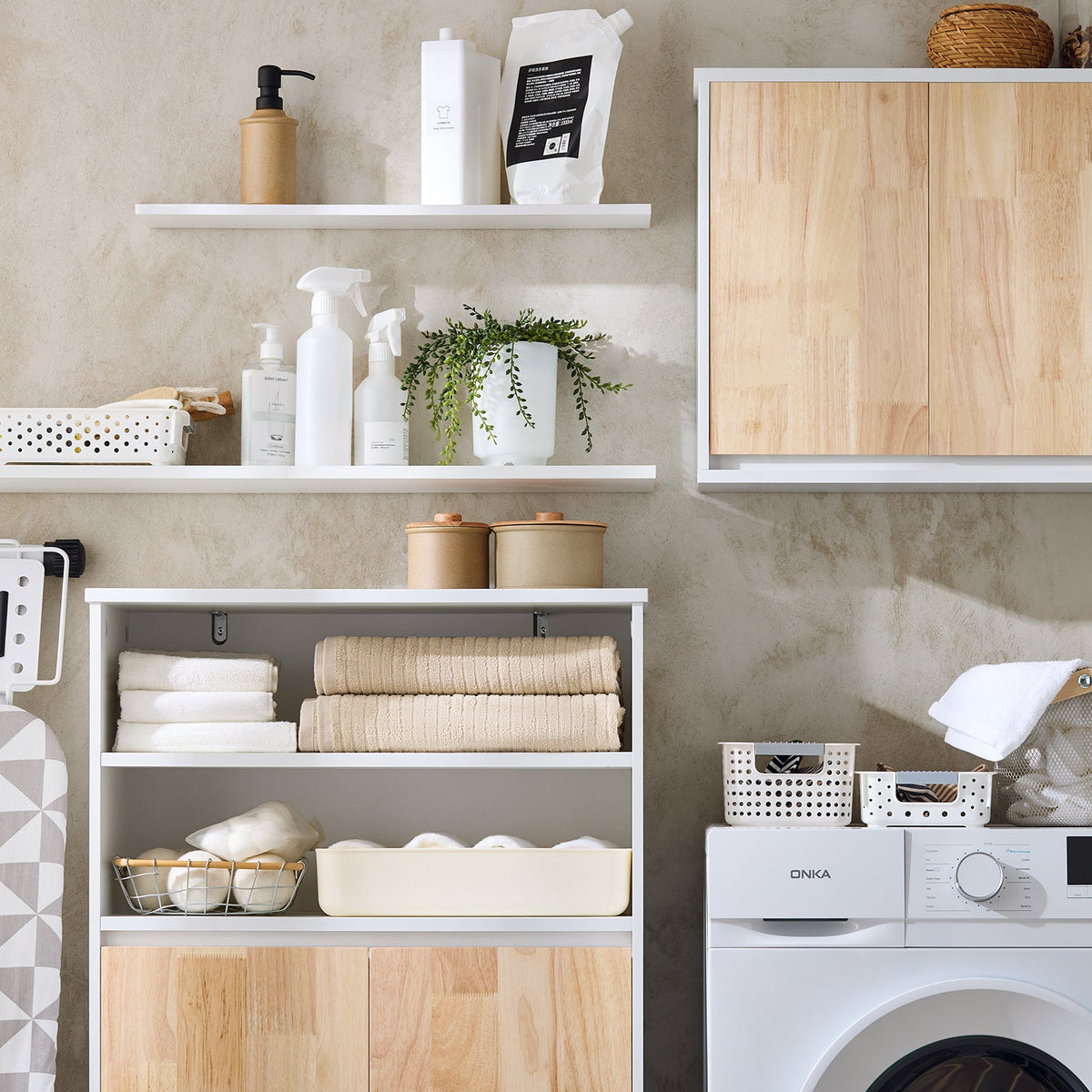SoBuy BZR143-WN Meuble de salle de bains avec lavabo amovible, 3 plateaux de rangement et panier à linge - Blanc, 64x33x110 cm