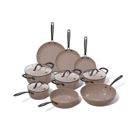 Batterie de cuisine Cook & Pan 9 pièces, couleur Taupe ou Mind - Sans PFAS - Compatible avec toutes les sources de chaleur - Batterie de cuisine garantie 7 ans - Revêtement antiadhésif résistant aux rayures - Lavable au lave-vaisselle - Gaz, induction, él