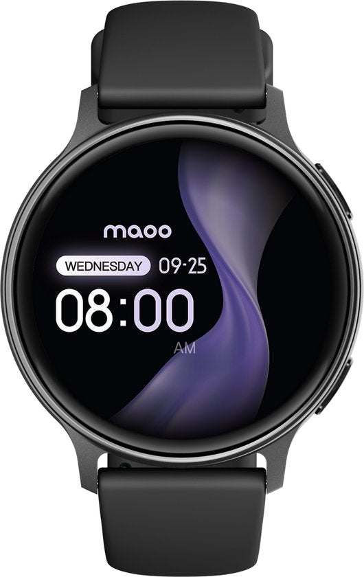 Maoo Ventura 2 - Montre connectée GPS pour femme - Écran AMOLED - Bracelet en silicone, en cuir et de sport - Podomètre - Cardiofréquencemètre - Suivi du sommeil - Fonction d'appel - AOD - Multisport - Compatible avec Android et iOS - Noir