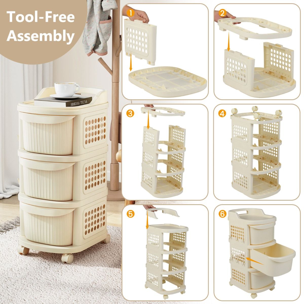 Chariot de rangement Coast sur roulettes - 3 tiroirs - Avec crochets - Blanc 38 x 32 x 68 cm