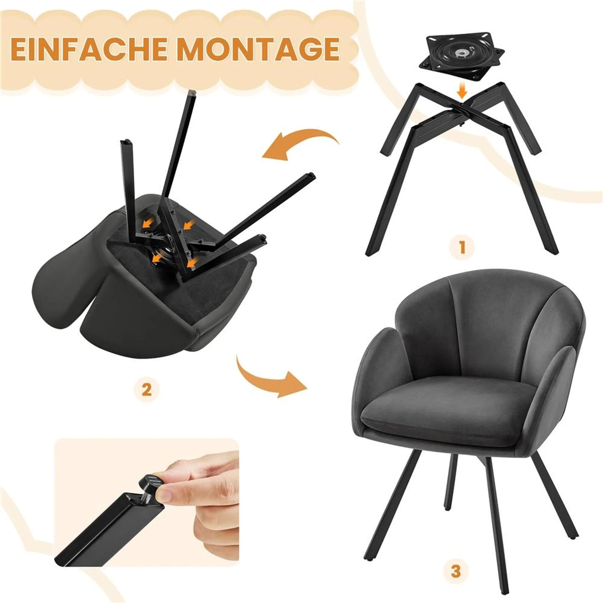 Yaheetech Swivel Chair Floral - Mécanisme de pivotement à 360°, coussin d'assise amovible et base en métal en forme de X - Pour chambre à coucher et bureau à domicile - Bouclé noir et métal - 57 x 61 x 75 cm