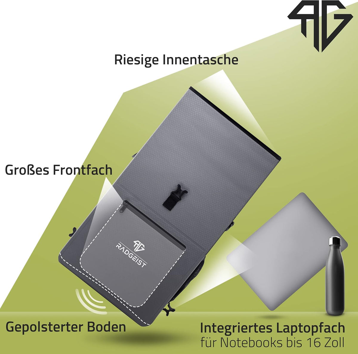 RADGEIST 3in1 sacoche de transport - sac à dos pour vélo - sacoche de transport - sac à bandoulière - avec compartiment pour ordinateur portable - étanche - 25L - gris