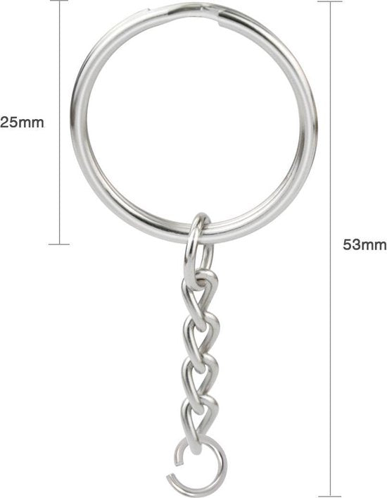 Porte-clés avec chaîne - 50 anneaux fendus pour porte-clés en acier inoxydable - Set d'anneaux fendus pour porte-clés - 25 mm - 50 pièces