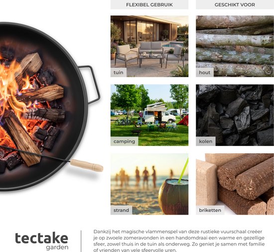 tectake® Brasero Diablo - Acier résistant à la chaleur - Brasero avec tisonnier - Ø 57,5 cm - Foyer de jardin - Foyer d'ambiance d'extérieur - Avec poignées et système d'évacuation de l'eau - Pour le bois de chauffage et le charbon de bois