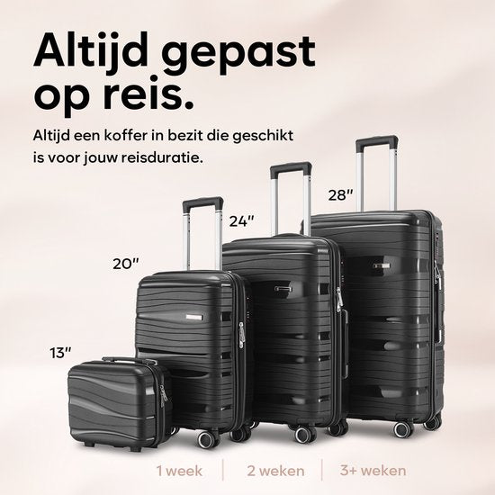 SKYCASES Travelin' Charm 4-Piece Trolley Set - Hand Luggage & Check-in Suitcases - 32L/60L/98L - Number Lock - 360° Noiseless Wheels - Lightweight & Sturdy - Modern Design - Black V2