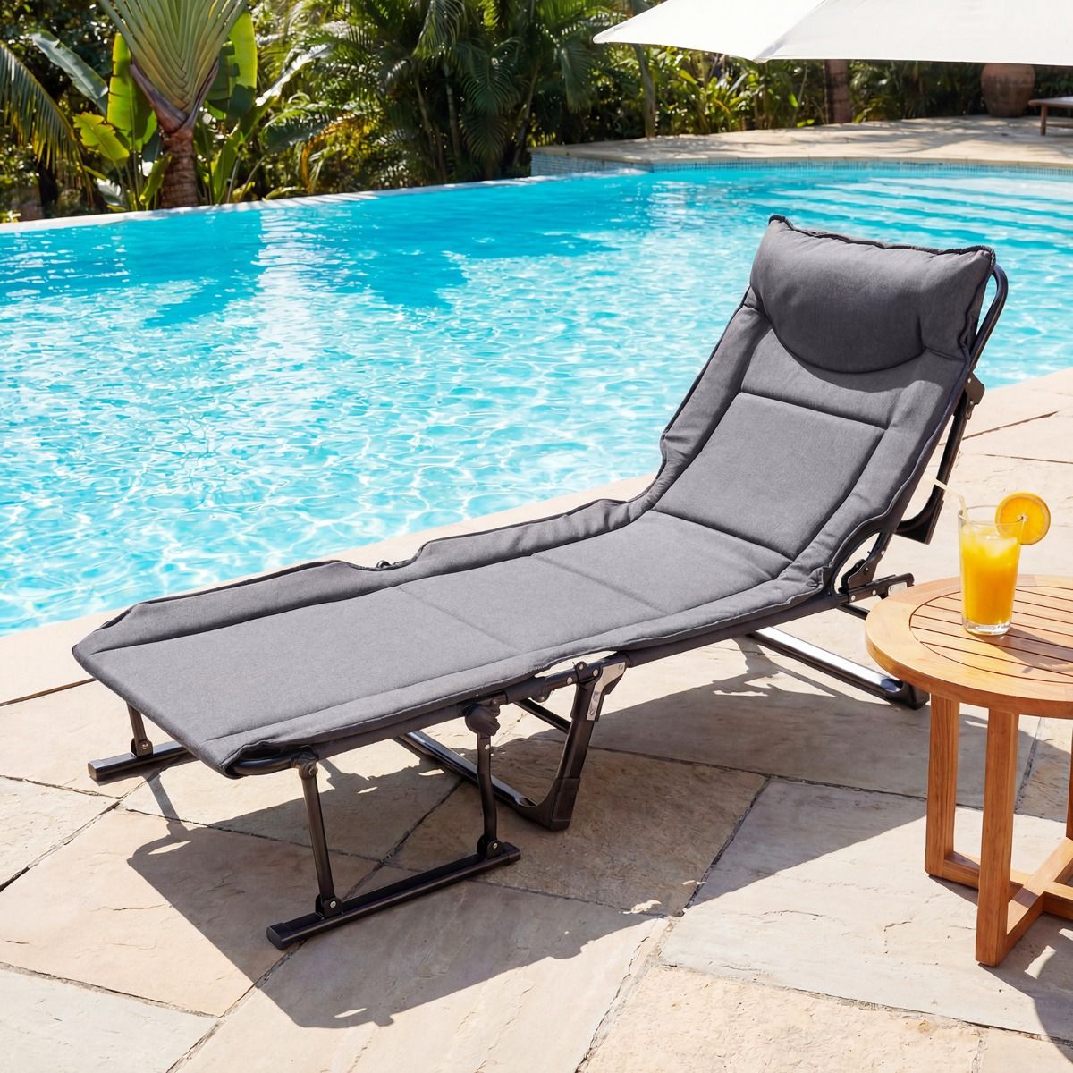 Lit de camping pliable Coast 3-en-1 – Chaise longue réglable – Avec appui-tête – Gris et noir