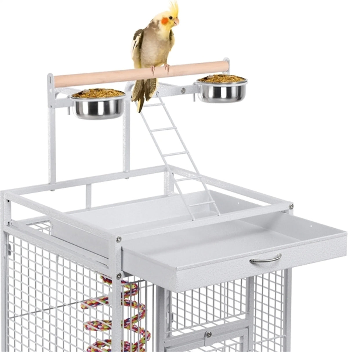 Yaheetech Cage pour perroquets avec plateau de jeu - équipée d'un collecteur de graines, de tiroirs à fumier extensibles et de portes d'alimentation - pour perruches et perroquets - fer blanc recouvert de poudre - 65,5 x 65,5 x 156 cm