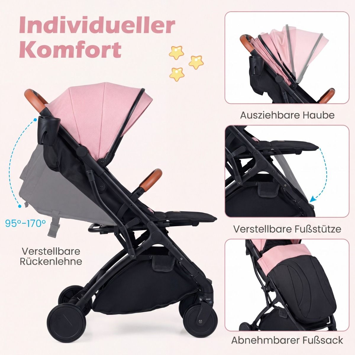 Poussette Coast - pliable - dossier et repose-pieds réglables - rose