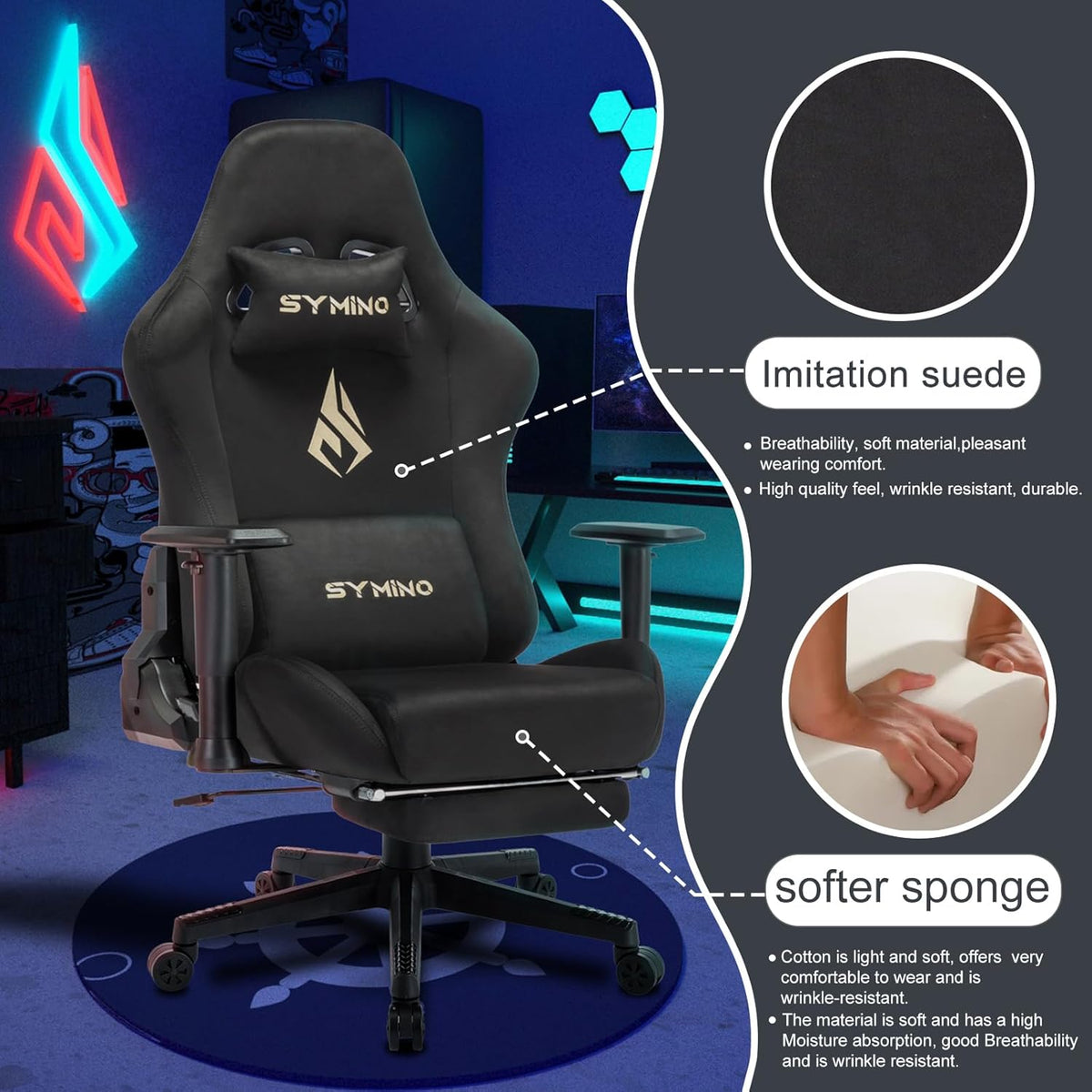 Fauteuil gaming Symino en tissu doux avec repose-pieds, noir