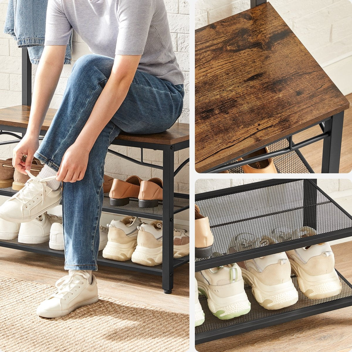 O'DADDY® kapstok staand – kapstokken - kapstok met schoenenrek – kapstok bruin - garderoberek - garderoberek met kapstok - garderoberek met schoenenrek - 15 haken 2 laags schoenenrek 6 paar - garderoberek - 80 x 32 x 178,5 cm