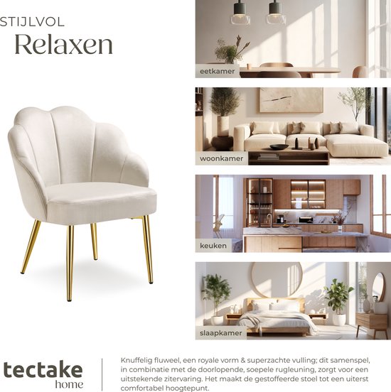 tectake® Chaise cocktail - Revêtement en velours - Rembourrage souple - Dossier incurvé - Pieds en acier revêtus de poudre - Crème/Dorée