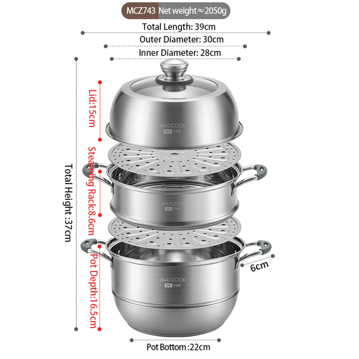 Casserole à vapeur Maxcook à 3 couches, 28 cm - acier inoxydable 304 - compatible induction et gaz